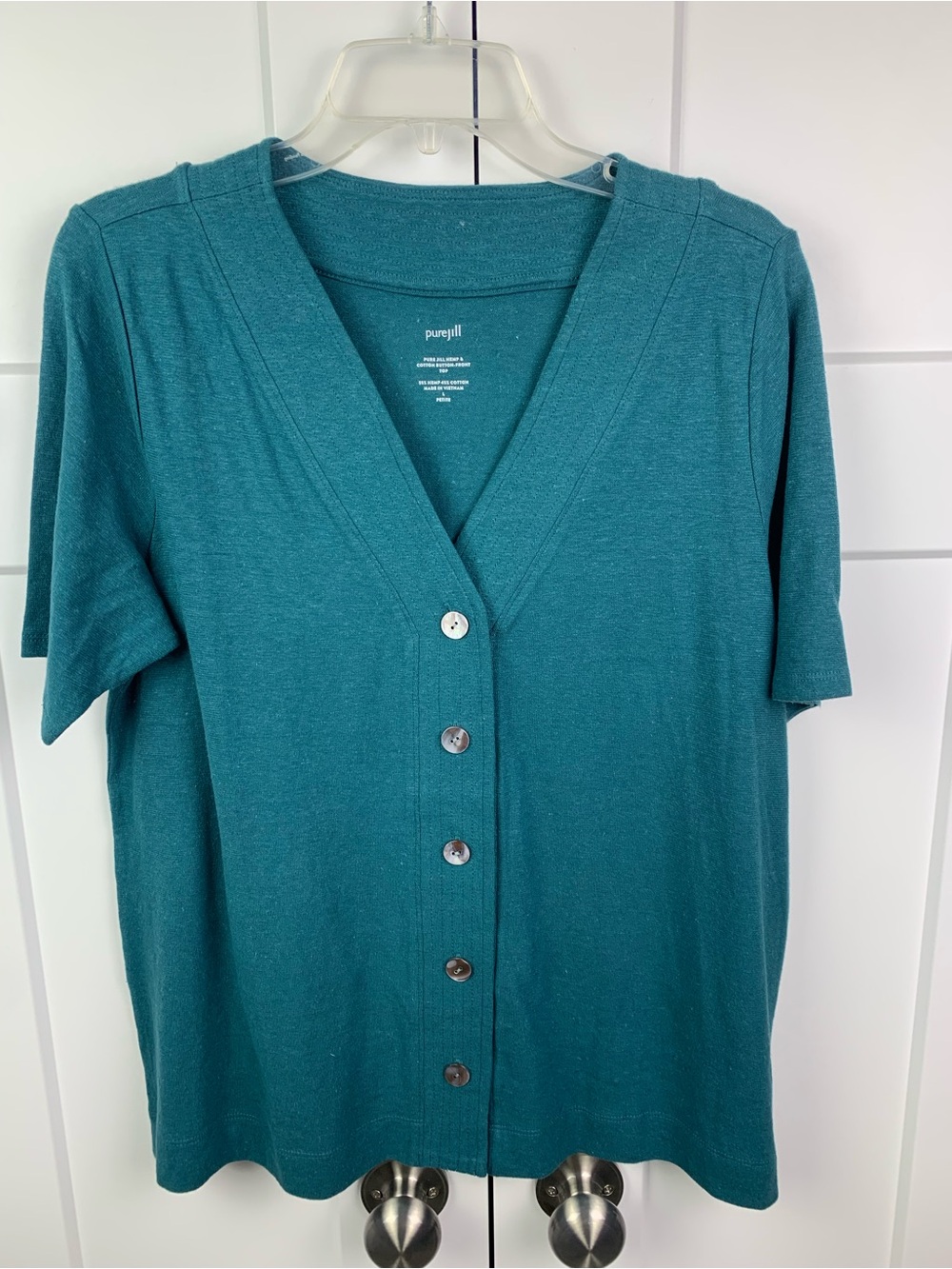 Pure Jill Large Hemp Button Front Blouse Short Sleeve Green Granola Boho Lagen
